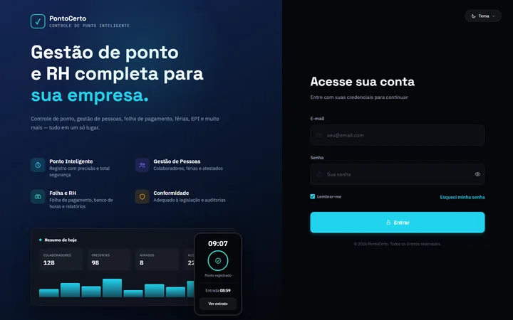 Tela inicial do sistema PontoCerto da Clara Truck, com o login e um resumo do ponto do dia